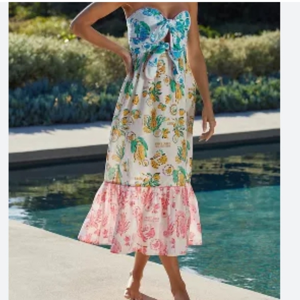 FARM RIO Blue & Green Strapless Dress